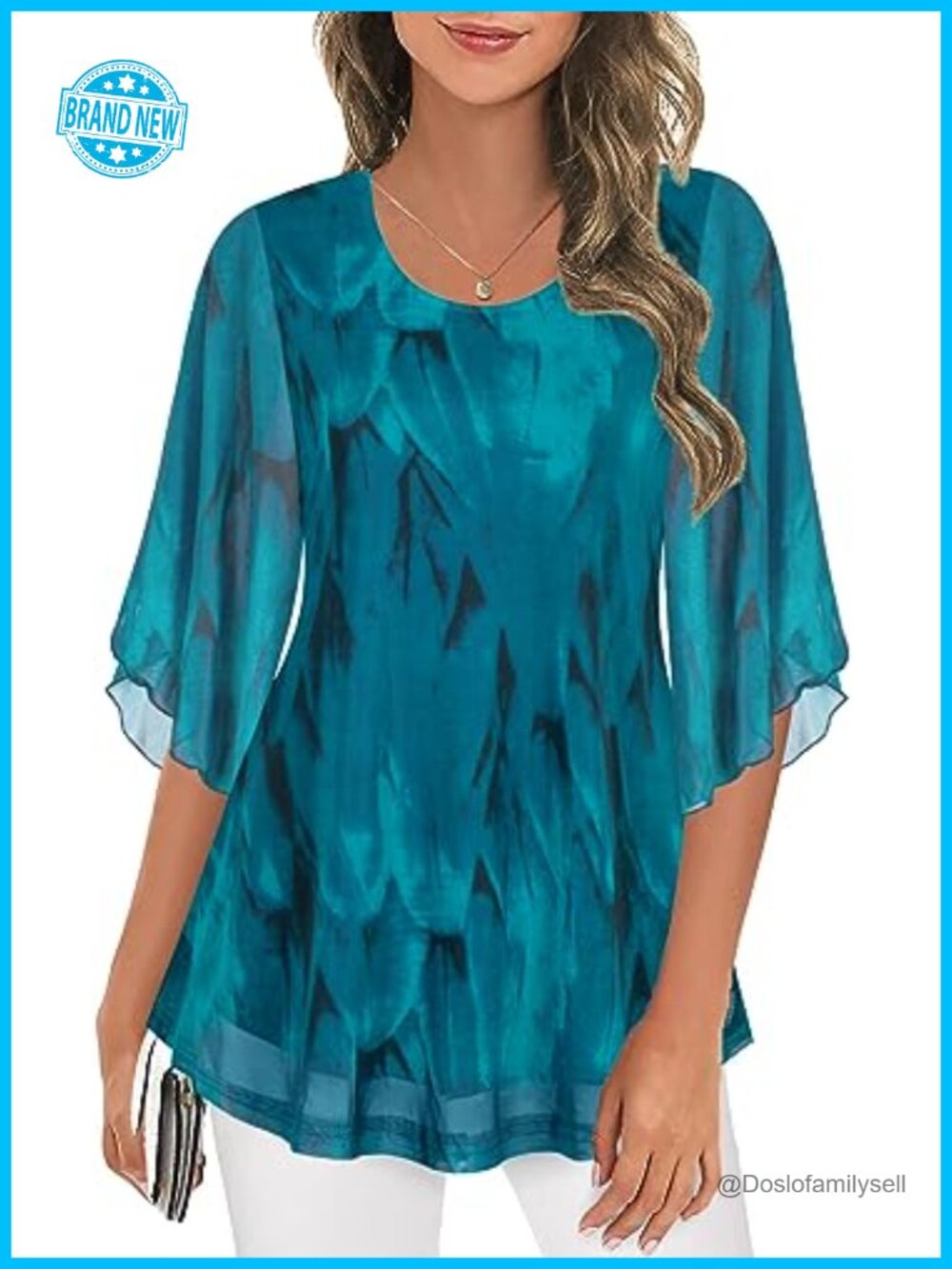 Women's Mesh Tunic Top 3/4 Sleeve Blouse Dressy Casual Flowy Hem